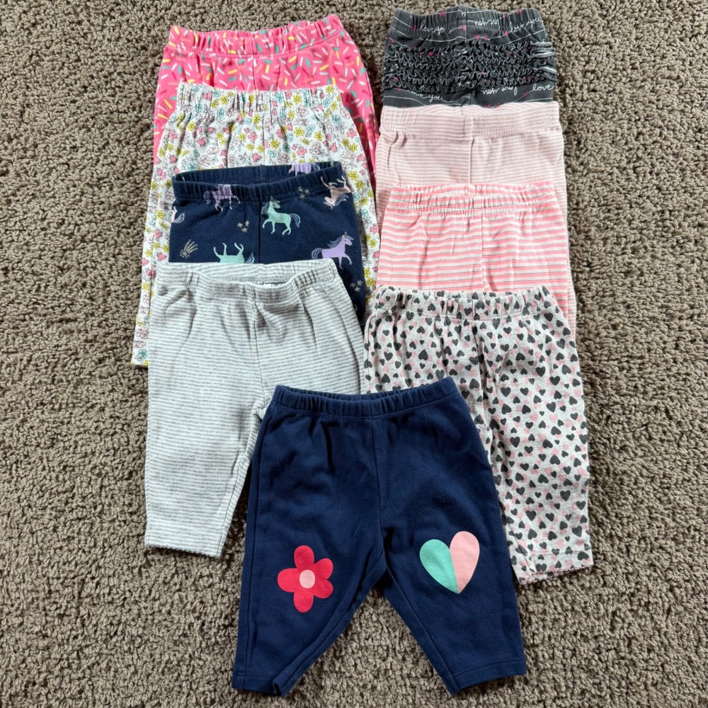 Baby Girl Leggings Bundle 9 pairs Carters Unicorn Heart Floral Stripe Navy Pink